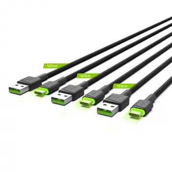 USB-C kaabel roheline Cell KABGCSET02 1,2 m (USB A to USB C, 2,4 A, 480 Mbps) 3 tk koos LED-taustvalgustusega