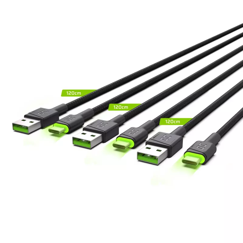 USB-C kaabel roheline Cell KABGCSET02 1,2 m (USB A to USB C, 2,4 A, 480 Mbps) 3 tk koos LED-taustvalgustusega