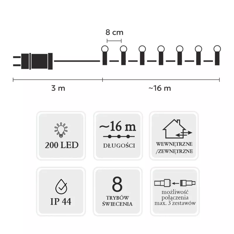 LED-valguskett Extralink 200 sibulat külm valge, läbimõõt 3+ mm, pikkus 16 m