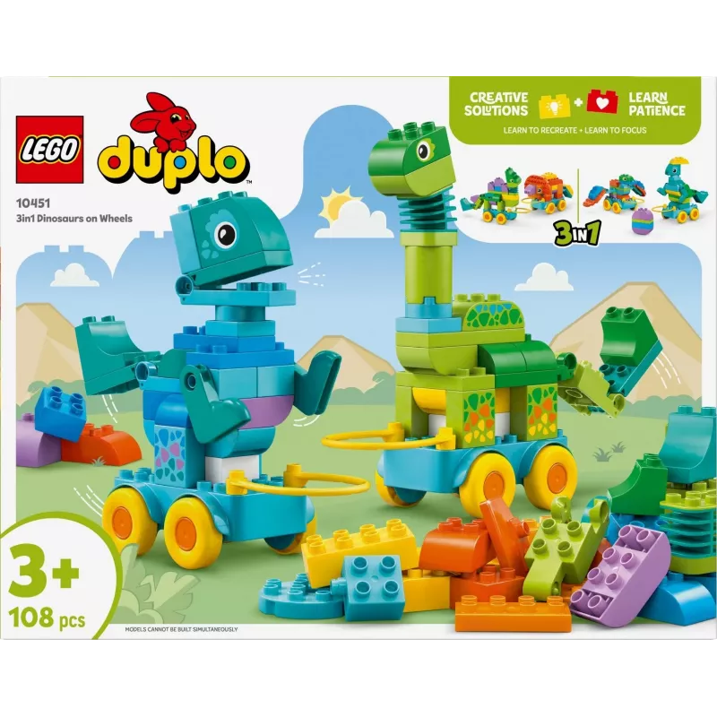 Ehituskomplekt LEGO DUPLO 10451 Dinosaurused ratastel 3-in-1 komplekt, 108 tk, vanus 3+, kõrgus 220 mm