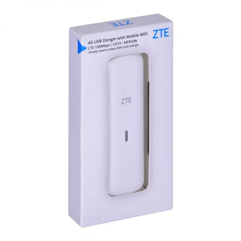 USB-mobiilimodem ZTE MF833N, kaasaskantav USB-vorming, 4G LTE-FDD/TDD kuni 150 Mbps, HSUPA/2G tugi, microSD-pesa, valge