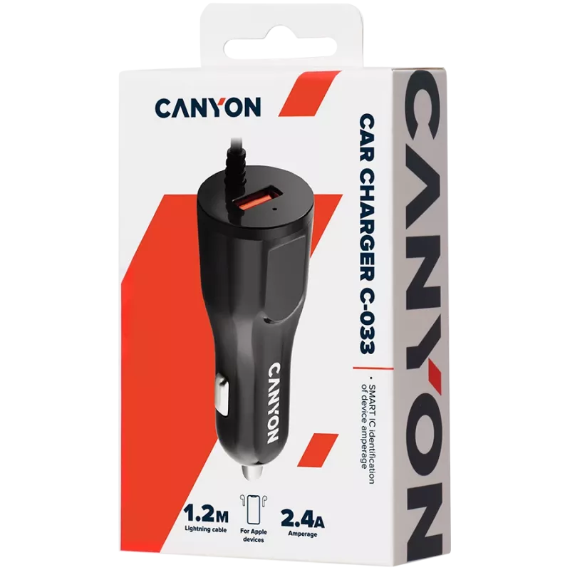 CANYON auto laadija C-033 2.4A/USB-A sisseehitatud Lightning must