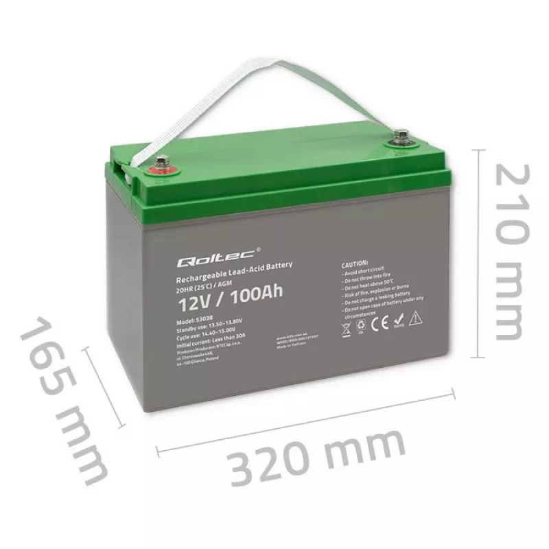 Qoltec 53038 AGM aku | 12V | 100Ah | max 1200A