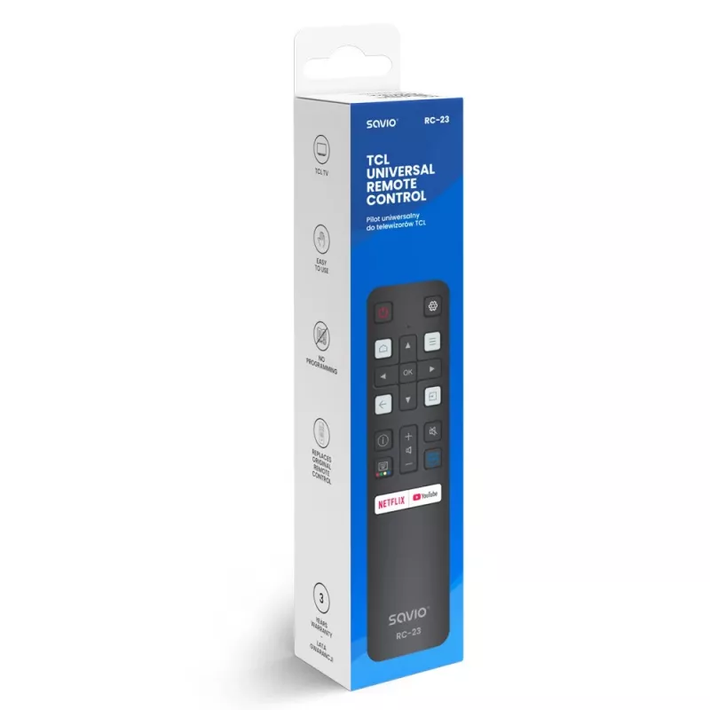 SAVIO RC-23 universaalne IR-juhtmevaba kaugjuhtimispult TCL teleritele — 19 nuppu, 10 m ulatus