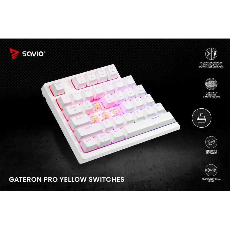 SAVIO PHENIX WHITE juhtmeta mehaaniline klaviatuur, Gateron Red Pro, ABS