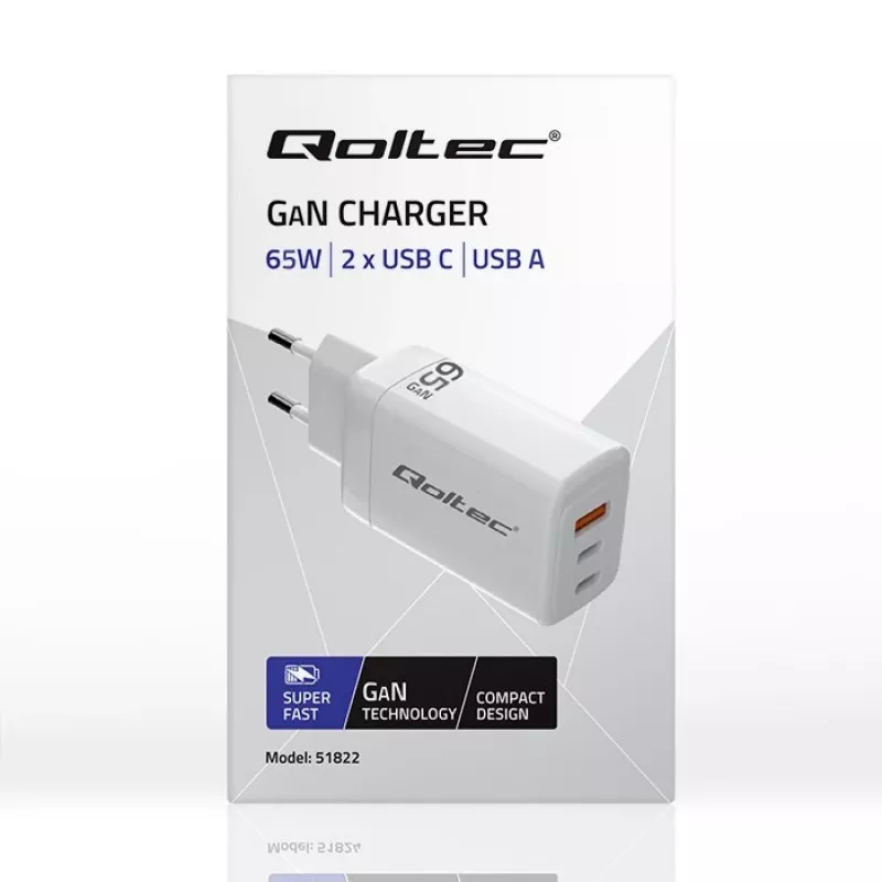 GaN laadija QOLTEC 51822 65W 2×USB A 2×USB‑C