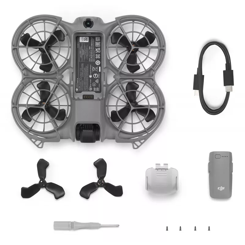 Kvadrokopter DJI Neo 2 — 4 rootorit, 12 MP kaamera, 2688×1512 video, 1606 mAh aku, 49 GB sisemälu, Wi‑Fi ja Bluetooth