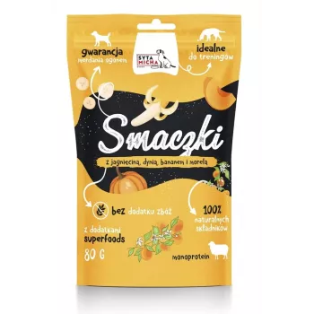 Koerte maiused SYTA MICHA Treats lamba, kõrvitsa, banaani ja aprikoosiga 80 g — teraviljavaba, hüpoallergeenne, täiskasvanud koerad