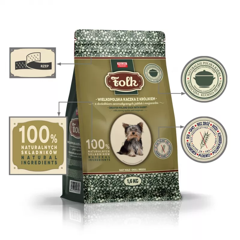FOLK Väikest tõugu koertele Traditsiooniline Suur-Poola part küüliku, õunte ja majoraaniga - kuiv koeratoit - 1,6kg