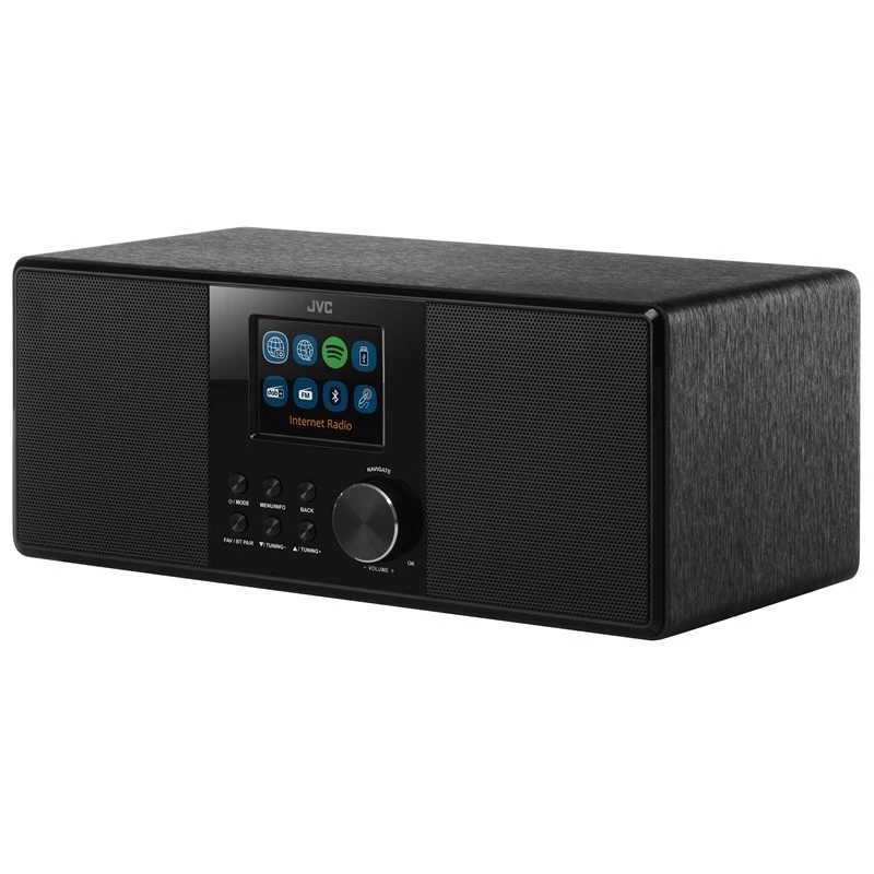 Internetiraadio JVC RA-E981B — Wi‑Fi ja Bluetooth voogesitus, DAB+, FM, 2x5 W, 40 eelseadistust, USB, AUX, LCD-ekraan