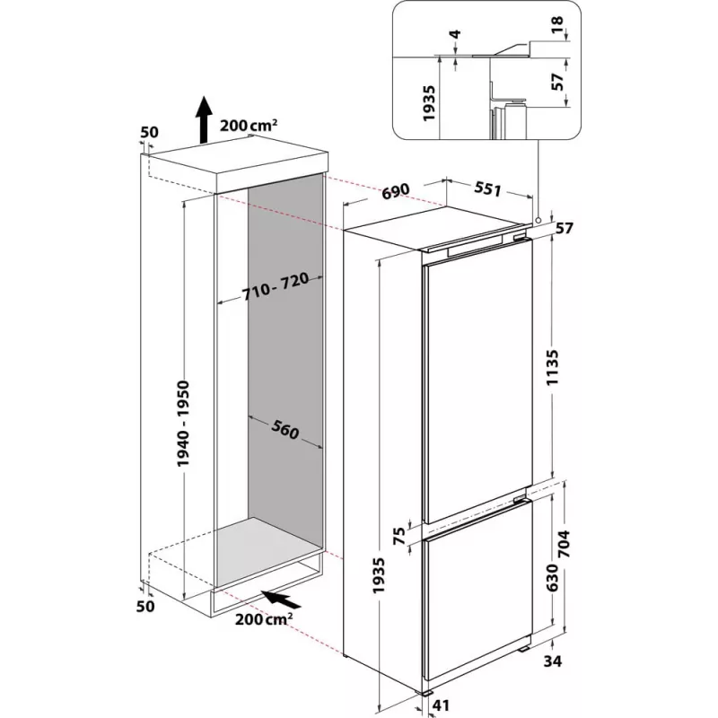 WHIRLPOOL sisseehitatav külmik WH SP70 T121, laius 69 cm, kõrgus 193,5 cm, energiaklass E, No Frost