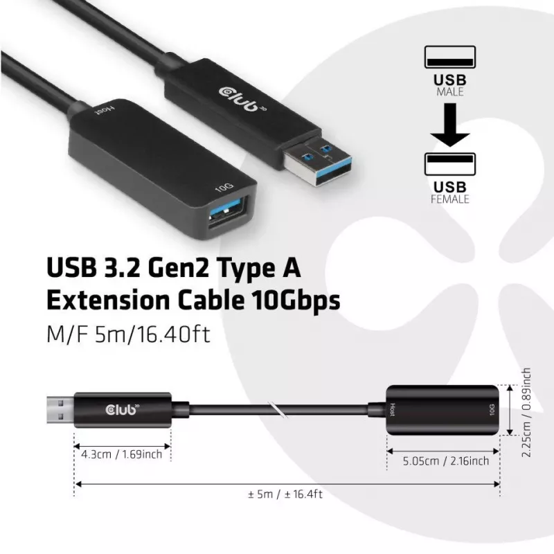 CLUB3D USB 3.2 Gen2 tüüp A pikenduskaabel 10 Gbps M/F 5 m/16,40 jalga