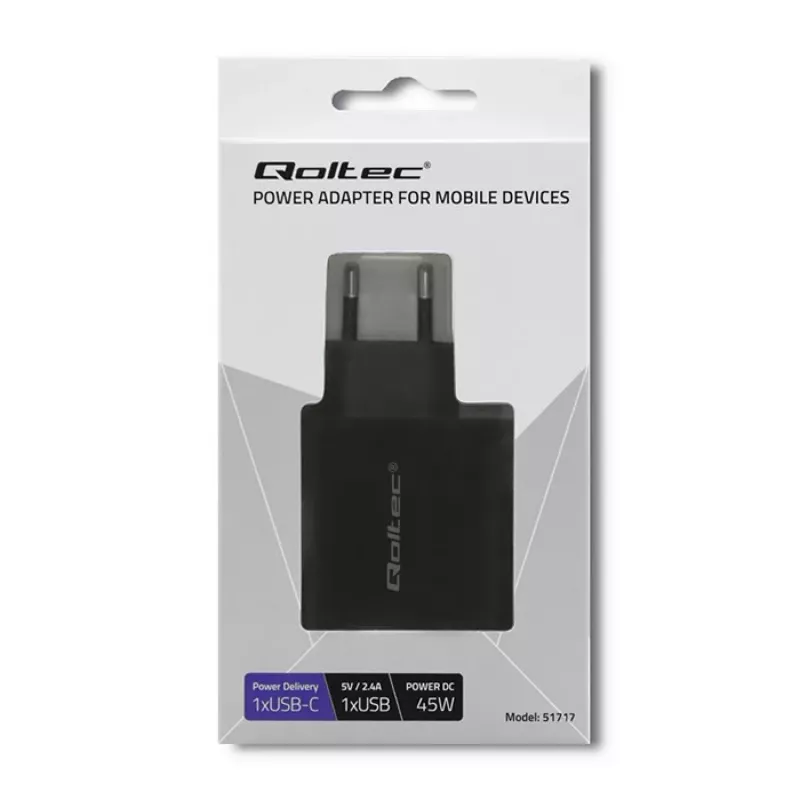 Toiteadapter QOLTEC 51717 45W 20V 3A vahelduvvoolu siseruumide laadija nutikellale, must