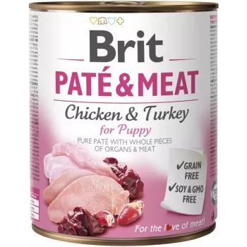Märg koeratoit Brit Paté & Meat 800 g — täisväärtuslik konservtoit noortele koertele, kalkun & kana, teraviljavaba, 75% niiskust