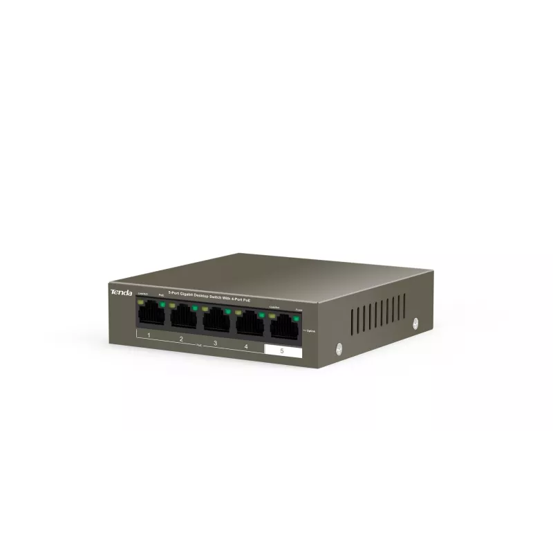 Võrgukommutaator TENDA TEG1105P-4-63W-EU, 5x Gigabit RJ-45, 4x PoE (57,8 W kokku), 10 Gbit/s kommuteerimine