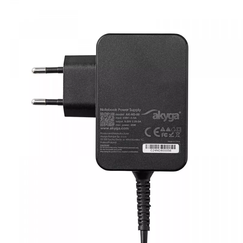 Toiteadapter Akyga AK-ND-80 45W 20V väljund, reguleeritav 2,25–3A