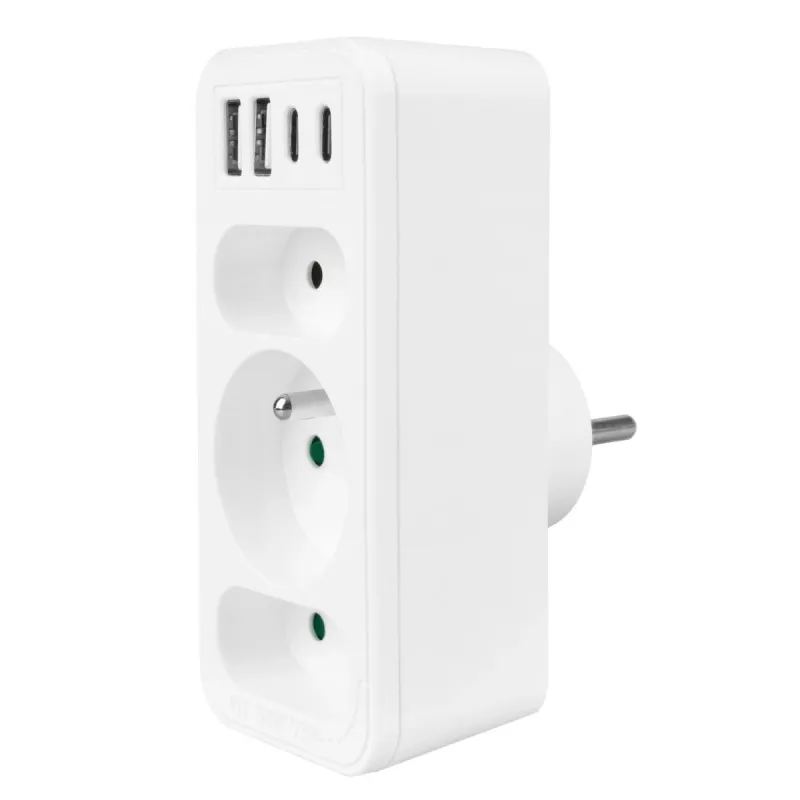 Toitepistikupesade jagaja MACLEAN MCE248 F/W — 3 vahelduvvoolu pistikupesa (1×16A, 2×6A) + 4×USB (2×A, 2×C PD 20W), EL-pistik, valge