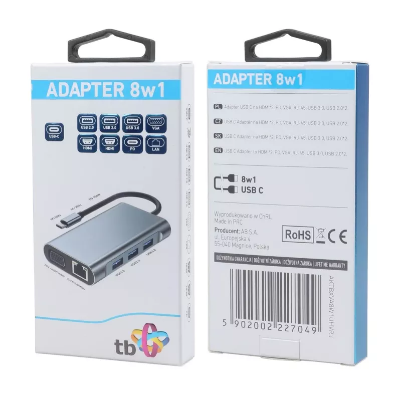 HUB 8in1 adapter USB C HDMI x2 USB VGA RJ45 PD