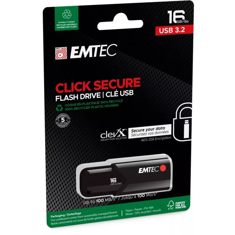 USB-mälupulk Emtec B120 Click Secure 16 GB USB Type-A 3.2 Gen 2 Must