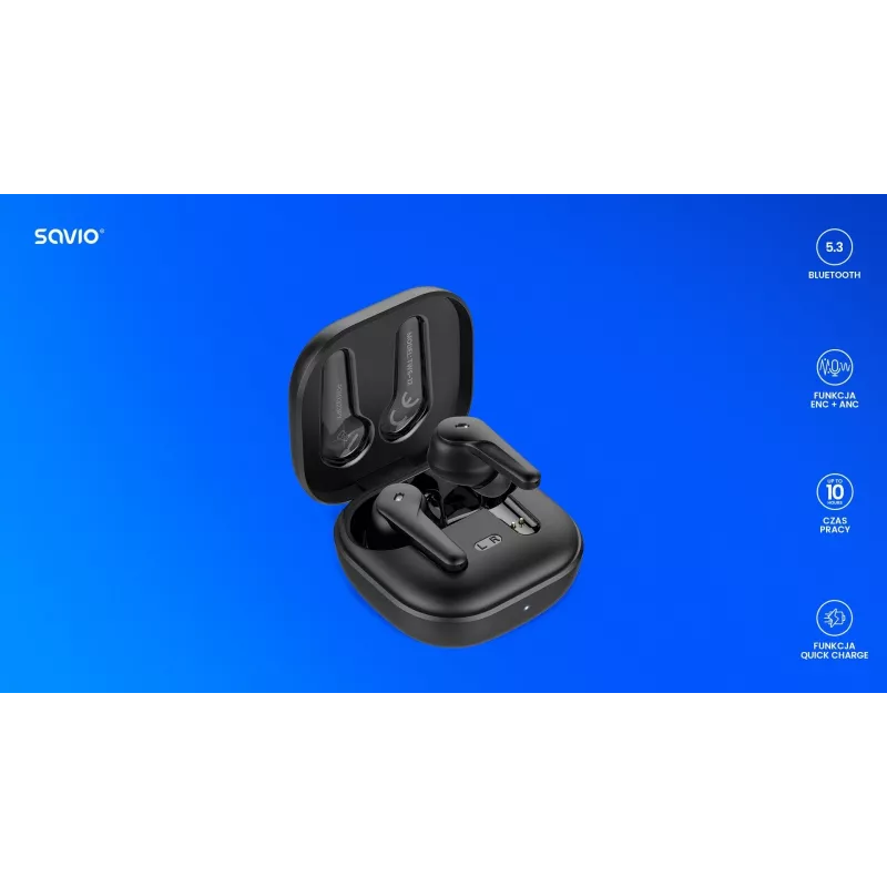SAVIO kõrvasisene TWS-peakomplekt TWS-12, Bluetooth 5.3, sisseehitatud mikrofon, must