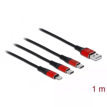 USB-laadimiskaabel DeLOCK 3-in-1 Type-A – Lightning / 2 × USB USB-C 1 m must / punane