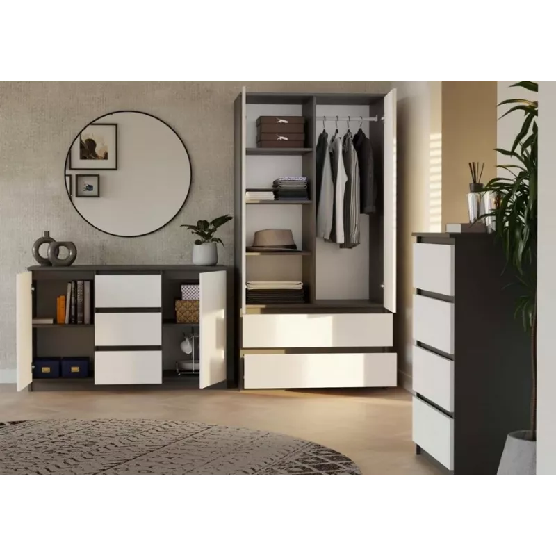 Kummut 2 ust 3 sahtlit top e shop M-MP-K-MAL-2D3S-ANTBIA — antratsiidist raam, valged uksed, 1200×750×400 mm