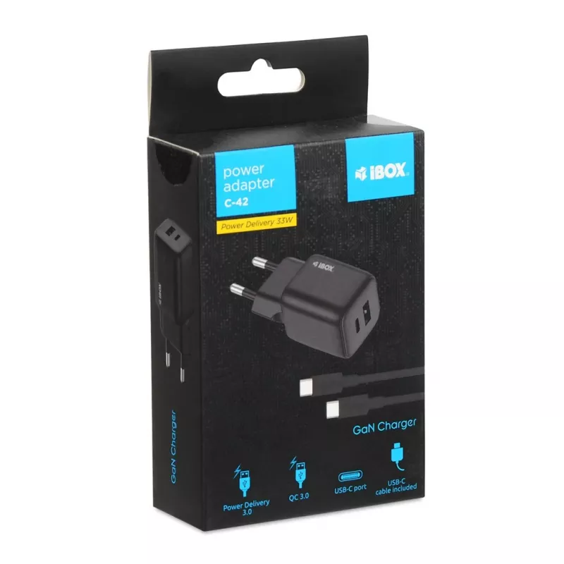 Väline võrguadapter IBOX ILUC42B 12V 2A, 33W, USB-A + USB-C PD3.0, QuickCharge 3.0, universaalne