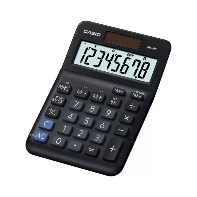 Lauaarvuti põhikalkulaator CASIO MS-8F – 8-kohaline, aku/päikeseenergia, 26 klahvi, valuuta- ja maksufunktsioonid, kasumiarvutus, must