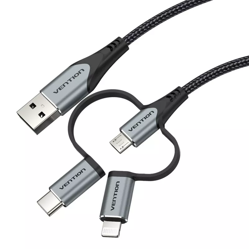 Vention USB 2.0 A isane 3-in-1 Micro-B&USB-C&Lightning isasele kaablile 1M Hall alumiiniumsulamist tüüp