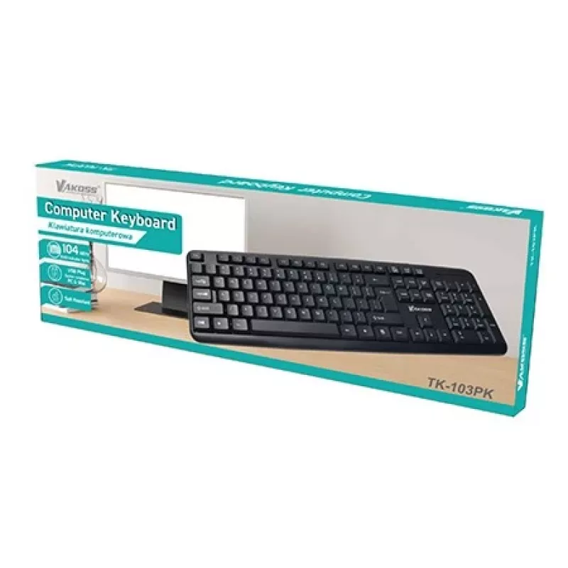 Juhtmega täissuuruses klaviatuur VAKOSS TK-103PK — USB, 104 klahvi, numbriklaviatuur, must, 1,4 m kaabel