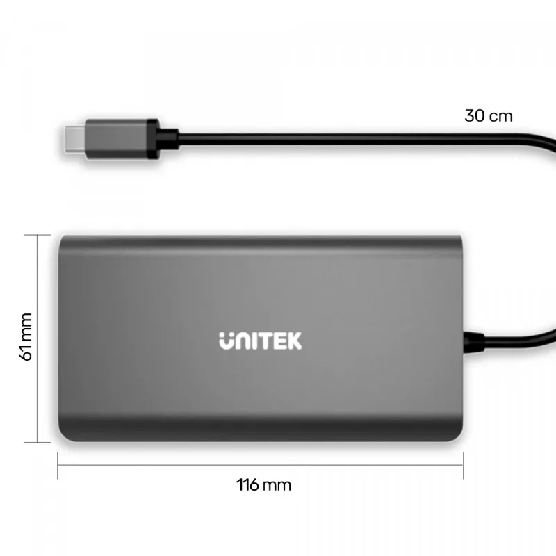 UNITEK uHUB O8+ Juhtmega USB 3.2 Gen 1 Type-C Hall 100W toiteedastusega