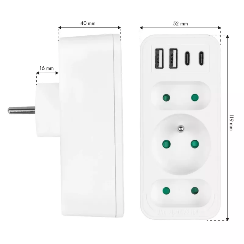 Toitepistikupesade jagaja MACLEAN MCE248 F/W — 3 vahelduvvoolu pistikupesa (1×16A, 2×6A) + 4×USB (2×A, 2×C PD 20W), EL-pistik, valge