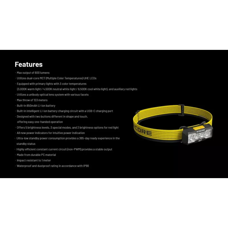 Nitecore NU27 otsmikulamp must, kollane peapaelaga LED-lamp