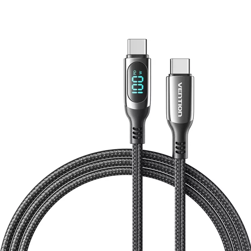 Vention puuvillane punutud USB 2.0 C isane C isasele 5A kaabel LED-ekraaniga 1,2 m must tsink-sulam tüüp