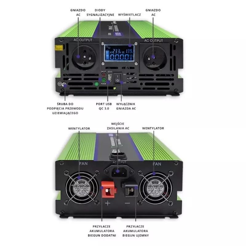 Qoltec Monolith Pingemuundur | Aku laadimine | UPS | 2000W | 4000W | 12V kuni 230V | Puhas siinus | LCD must-roheline