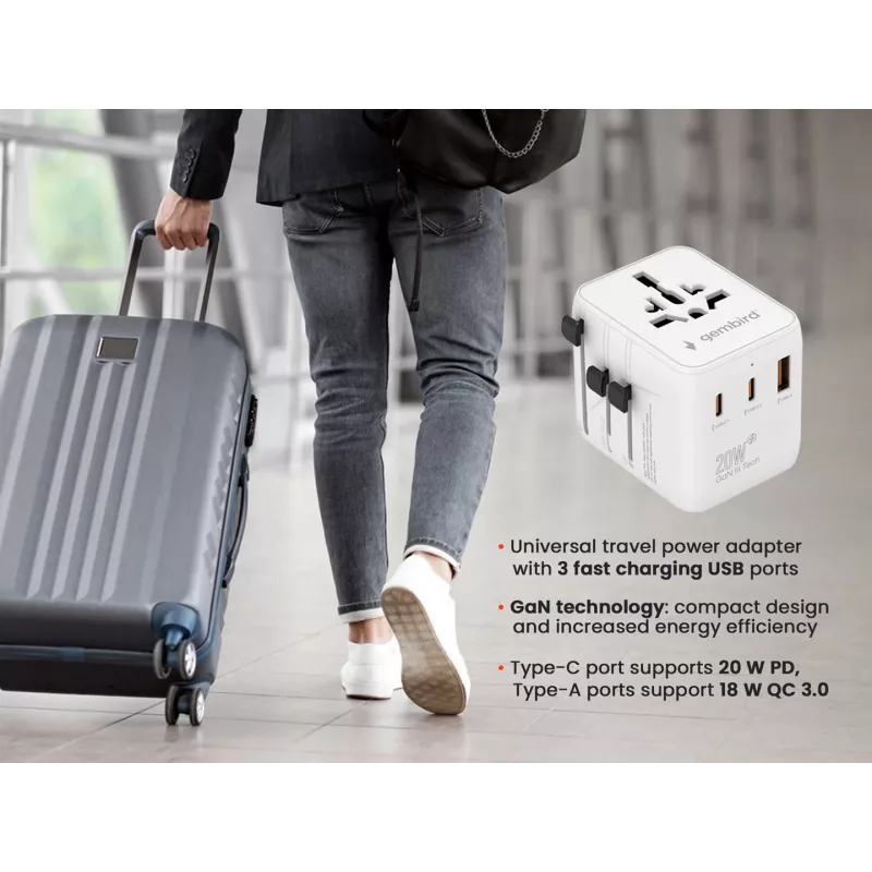 Reisiadapter GEMBIRD TPA-1A2C20-01-W — 20 W, USB-A (18 W) + 2× USB-C (20 W), Type E pistik, valge