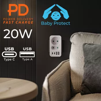 Jagaja MACLEAN MCE249 F/W — 2 voolupesa (16 A + 6 A) ja 4 USB-porti (2× A, 2× C PD 20 W)