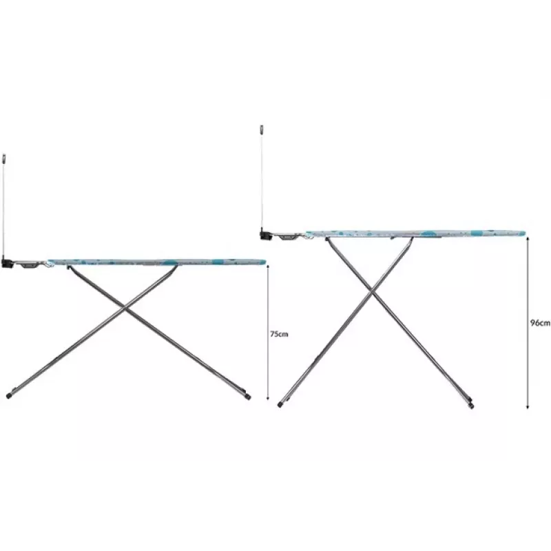 Täissuuruses triikimislaud Vileda 163316 — 1200x380 mm laud, reguleeritav 75–96 cm, roostevabast terasest jalad, triikrauahoidik