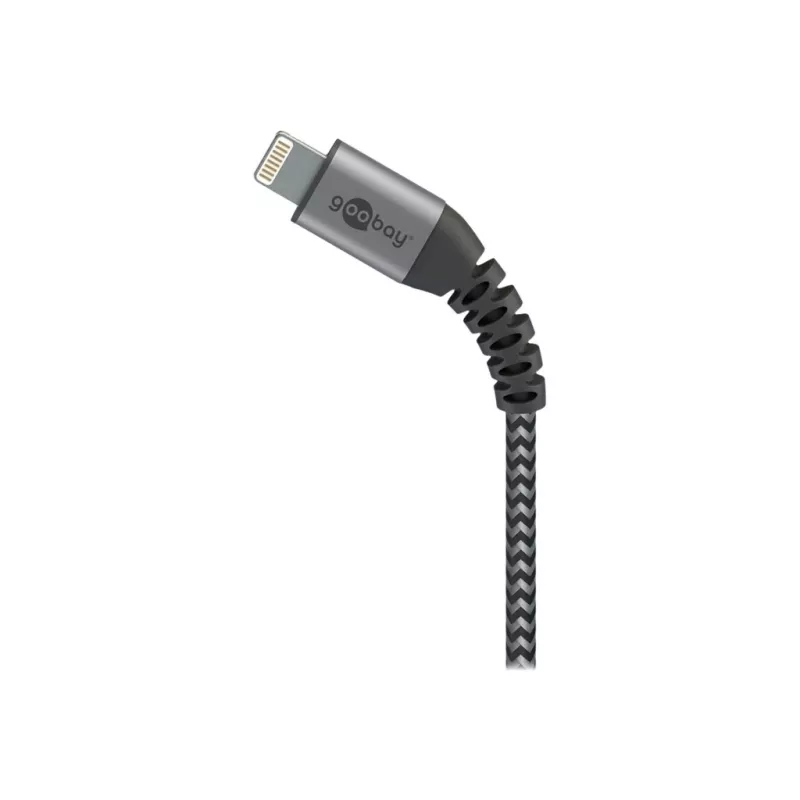 USB-A – Lightning-kaabel GOOBAY 2 m, tekstiilümbris, 3,3 mm läbimõõt, kosmosehall/hõbedane
