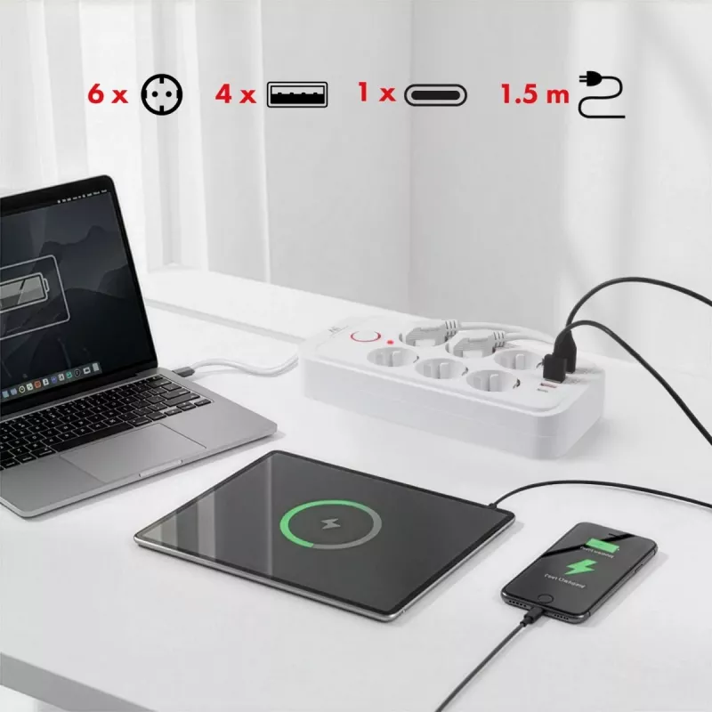 Pistikupesadega pikendusjuhe MACLEAN MCE389 W — 6 pistikupesa, 4×USB-A, 1×USB-C, 2500 W, 110–240 V, 1,5 m kaabel, valge