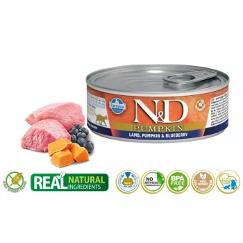 Märg kassitoit Farmina N&D Pumpkin Lamb with Blueberry kotike 70 g — teraviljavaba täiskasvanud kasside retsept