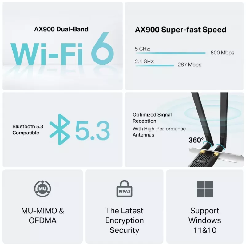 Wi-Fi 6 Bluetooth PCIe adapter TP‑LINK Archer TX10E AX900