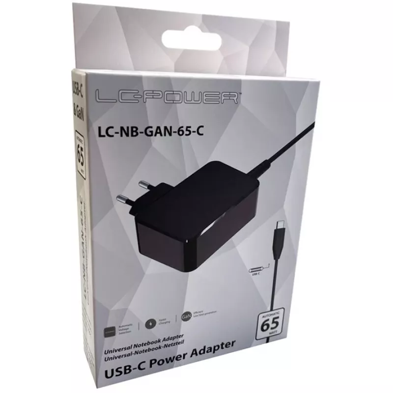 Mobiilseadme laadija LC-Power LC-NB-GAN-65-C sülearvutile Must Vahelduvvool Siseruumidesse