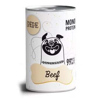 Niiske koeratoit PAKA ZWIERZAKA Pepe Beef 400 g — täisväärtuslik konservtoit täiskasvanud koertele, niiskusesisaldus 86%