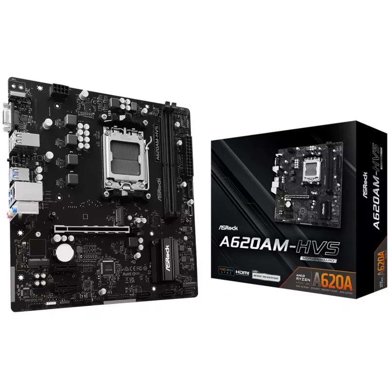 Emaplaat ASRock A620AM-HVS Micro ATX — AMD A620A kiibistik, pesa AM5, DDR5, 2 DIMM, kuni 128 GB, HDMI 2.1, M.2 2280