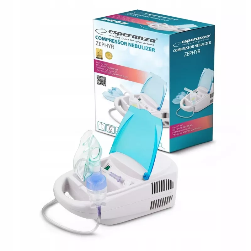 Lauapealne võrknebulisaator ESPERANZA ECN002 — 0,4 ml/min nebulisatsioon, 10 ml mahutavus, täiskasvanute ja laste maskid, suukorpus, 220 V