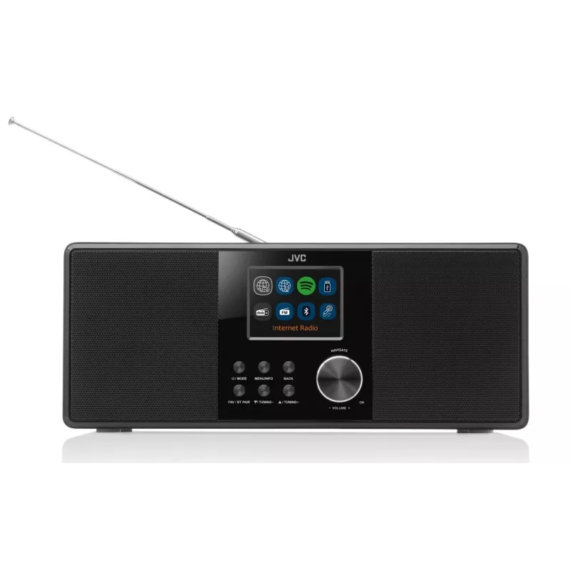 Internetiraadio JVC RA-E981B — Wi‑Fi ja Bluetooth voogesitus, DAB+, FM, 2x5 W, 40 eelseadistust, USB, AUX, LCD-ekraan