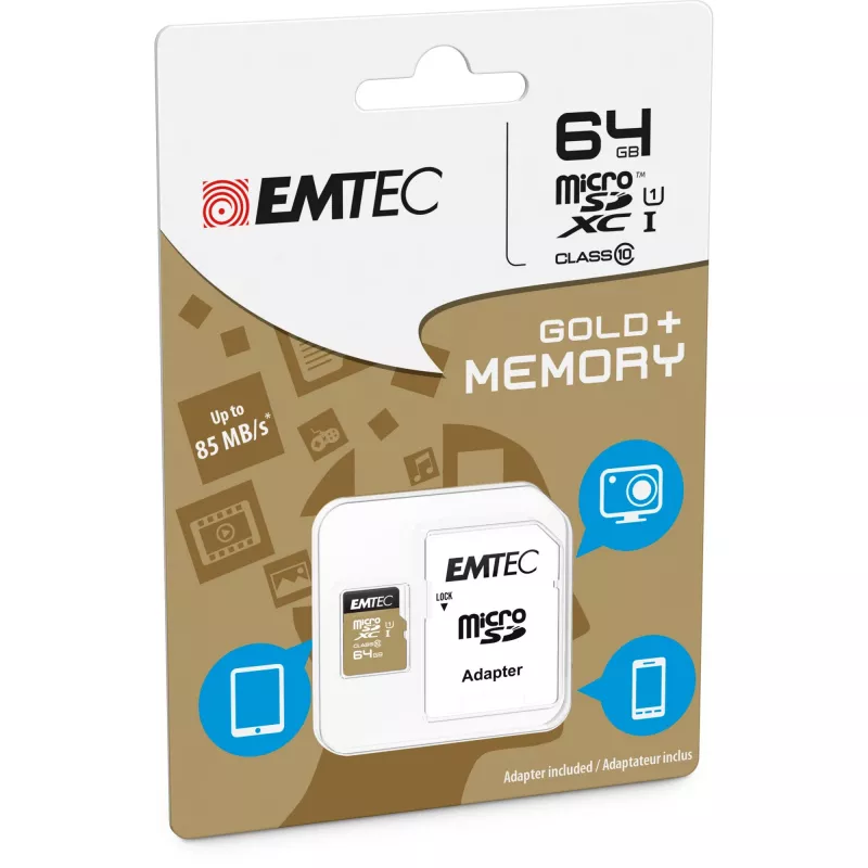 EMTEC Gold+ - Mälu kaart (SD-adapter kaasas) - 64GB - Class 10 - microSD - Kuld (ECMSDM64GXC10GP)