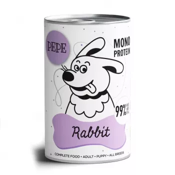 Märg koeratoit PAKA ZWIERZAKA Pepe Rabbit 400 g — küülikupasteet, täiskasvanud koerad, gluteeni- ja sojavaba