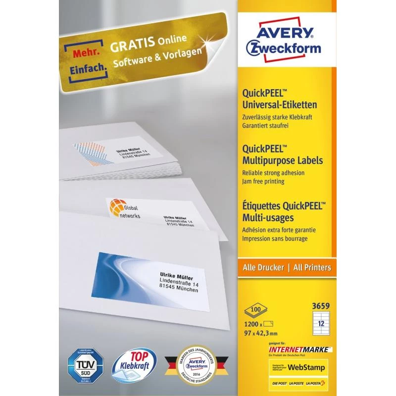 Avery 3659 isekleepuv silt Ristkülik Püsiv Valge 1200 tk